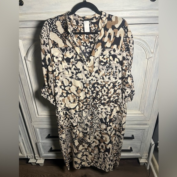 Les Copains Animal Print Drawstring Cargo Pocket Silk Button Down Shirt Dress - Picture 1 of 11